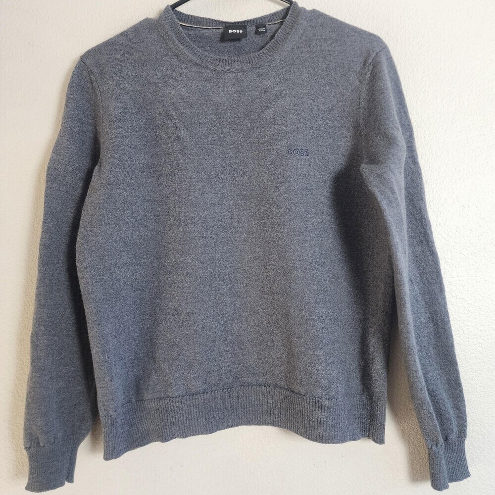 Boss Sweater Womens Large Gray 100% Virgin Wool Crewneck Pullover Knit Logo